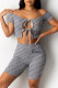 Grey Sexy Casual Letter Print Hollowed Out Strap Design O Neck Short Sleeve Two Pieces