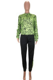 Fluorescent green adult Sexy Fashion Print asymmetrical Patchwork Two Piece Suits Striped pencil Long Sleeve