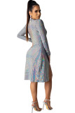 Silver Blend England Cap Sleeve Long Sleeves V Neck Swagger Knee-Length Geometric Patchwork Club Dr