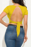 Yellow Black Orange Yellow purple O Neck Short Sleeve Solid backless Tops