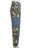 Blue Casual Street Camouflage Print Patchwork Pocket Asymmetrical High Waist Denim Jeans