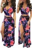 Green adult Street Fashion Two Piece Suits Patchwork Print Split Floral A-line skirt Short Sleev