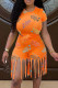 Orange Fashion Casual Print Tassel O Neck Short Sleeve Two Pieces