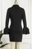 Pink Casual Solid Patchwork Turn-back Collar Long Sleeve Dresses