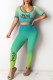Green Fashion Casual Gradual Change Letter Print Basic O Neck Short Sleeve Two Pieces