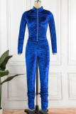 Deep Blue Casual Solid Patchwork Zipper Collar Long Sleeve Two Pieces