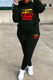 Black Casual Print Patchwork Hooded Collar Long Sleeve Two Pieces