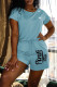 Light Blue Fashion Casual Letter Print Basic O Neck Regular Romper