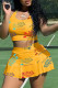 Yellow Casual Letter Print Patchwork U Neck Sleeveless Two Pieces