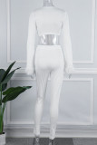White Sexy Solid Patchwork Feathers V Neck Long Sleeve Two Pieces