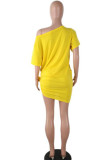 Yellow adult Sexy Street Fashion Cap Sleeve Short Sleeves O neck Swagger Mini eye Print Solid Cl