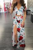 rose adult Street Fashion Two Piece Suits Patchwork Print Split Floral A-line skirt Short Sleev