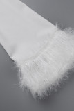 White Sexy Solid Patchwork Feathers V Neck Long Sleeve Two Pieces