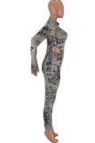 Grey adult Sexy Fashion Two Piece Suits Print pencil Long Sleeve