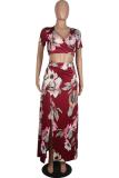 rose red adult Street Fashion Two Piece Suits Patchwork Print Split Floral A-line skirt Short Sleev