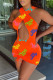 Orange Fashion Sexy Letter Print Hollowed Out Backless V Neck Sleeveless Dress