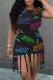 Black Street Print Tassel Patchwork O Neck Short Sleeve Two Pieces