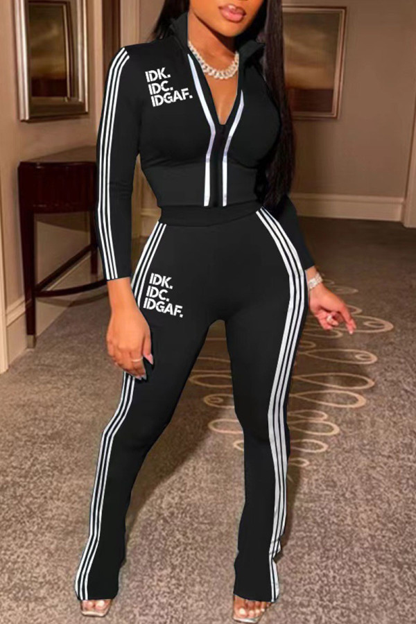 Black Casual Print Patchwork Zipper Zipper Collar Long Sleeve Two Pieces