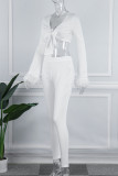 White Sexy Solid Patchwork Feathers V Neck Long Sleeve Two Pieces