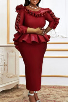 Red Elegant Solid Patchwork Slit Stringy Selvedge O Neck One Step Skirt Dresses