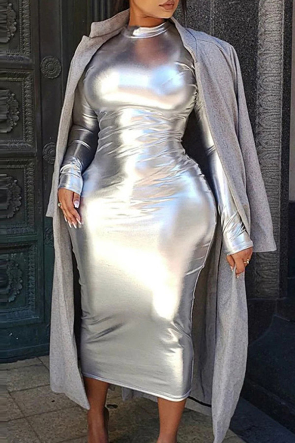 Silver Sexy Solid Patchwork Half A Turtleneck One Step Skirt Dresses
