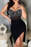 Black Sexy Formal Patchwork Hot Drilling Backless Spaghetti Strap Sleeveless Dress Dresses
