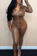 Dark Brown Street Solid Bandage Patchwork Zipper Turndown Collar Skinny Jumpsuits
