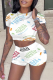 White Casual Print Patchwork O Neck Short Sleeve Two Pieces