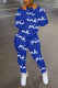 Blue Fashion Casual Print Basic Zipper Collar Long Sleeve Two Pieces