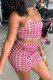 Red Fashion Sexy Plaid Print Backless Spaghetti Strap Sleeveless Two Pieces