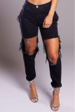 Black Button Fly Mid Tassel Hole washing pencil Pants Bottoms