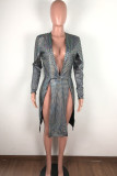 Silver Blend England Cap Sleeve Long Sleeves V Neck Swagger Knee-Length Geometric Patchwork Club Dr