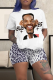 White Casual Print Patchwork O Neck Short Sleeve Two Pieces