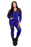 Blue adult Sexy Fashion Zippered Two Piece Suits Patchwork Straight Long Sleeve