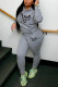 Grey Fashion Casual Letter Print Basic Hooded Collar Long Sleeve Two Pieces