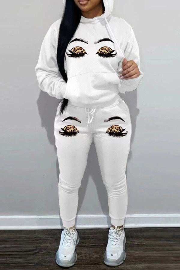 White Casual Print Patchwork Hooded Collar Long Sleeve Two Pieces