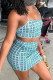 Light Blue Fashion Sexy Plaid Print Backless Spaghetti Strap Sleeveless Two Pieces