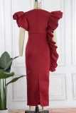Red Sexy Formal Solid Patchwork See-through V Neck Evening Dress Dresses