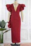 Red Sexy Formal Solid Patchwork See-through V Neck Evening Dress Dresses
