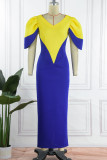 Blue Casual Daily Solid Patchwork V Neck Pencil Skirt Dresses