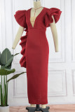 Red Sexy Formal Solid Patchwork See-through V Neck Evening Dress Dresses