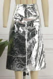 Silver Casual Solid Patchwork Slit Regular High Waist Skirt