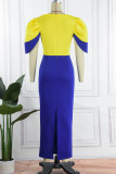Blue Casual Daily Solid Patchwork V Neck Pencil Skirt Dresses