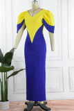 Blue Casual Daily Solid Patchwork V Neck Pencil Skirt Dresses