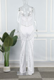 White Sexy Patchwork Hot Drilling See-through Backless V Neck Regular Jumpsuits
