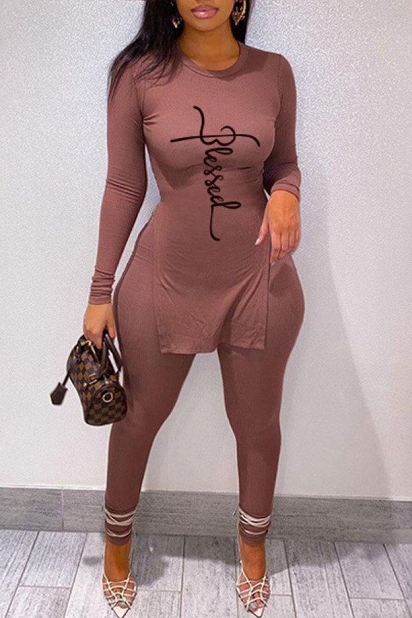 Coffee Casual Print Patchwork Slit O Neck Long Sleeve Two Pieces