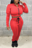 Red Casual Solid Patchwork Zipper Turndown Collar Long Sleeve Two Pieces