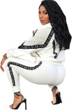 White Casual Patchwork perspective Print Two Piece Suits pencil Long Sleeve Two-piece Pants Set