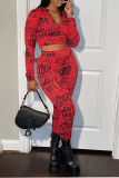 Red Sexy Print Patchwork O Neck Long Sleeve Two Pieces
