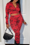 Red Sexy Print Patchwork O Neck Long Sleeve Two Pieces